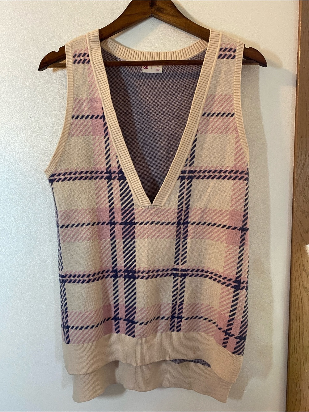 SO Cream Plaid V-Neck Sweater Vest with Pink and Navy